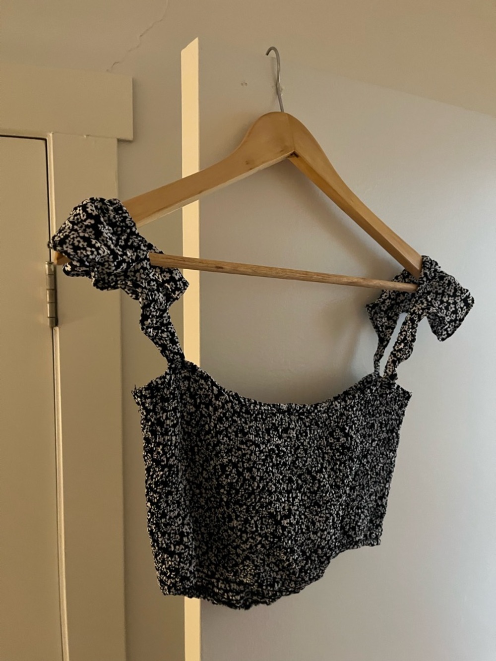 Black & White Floral Smocked Tank Top with Ruffle Straps